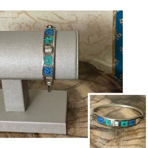 Silver Turquoise Mother of Pearl Inlay Alpaca Hinged Bangle Bracelet
